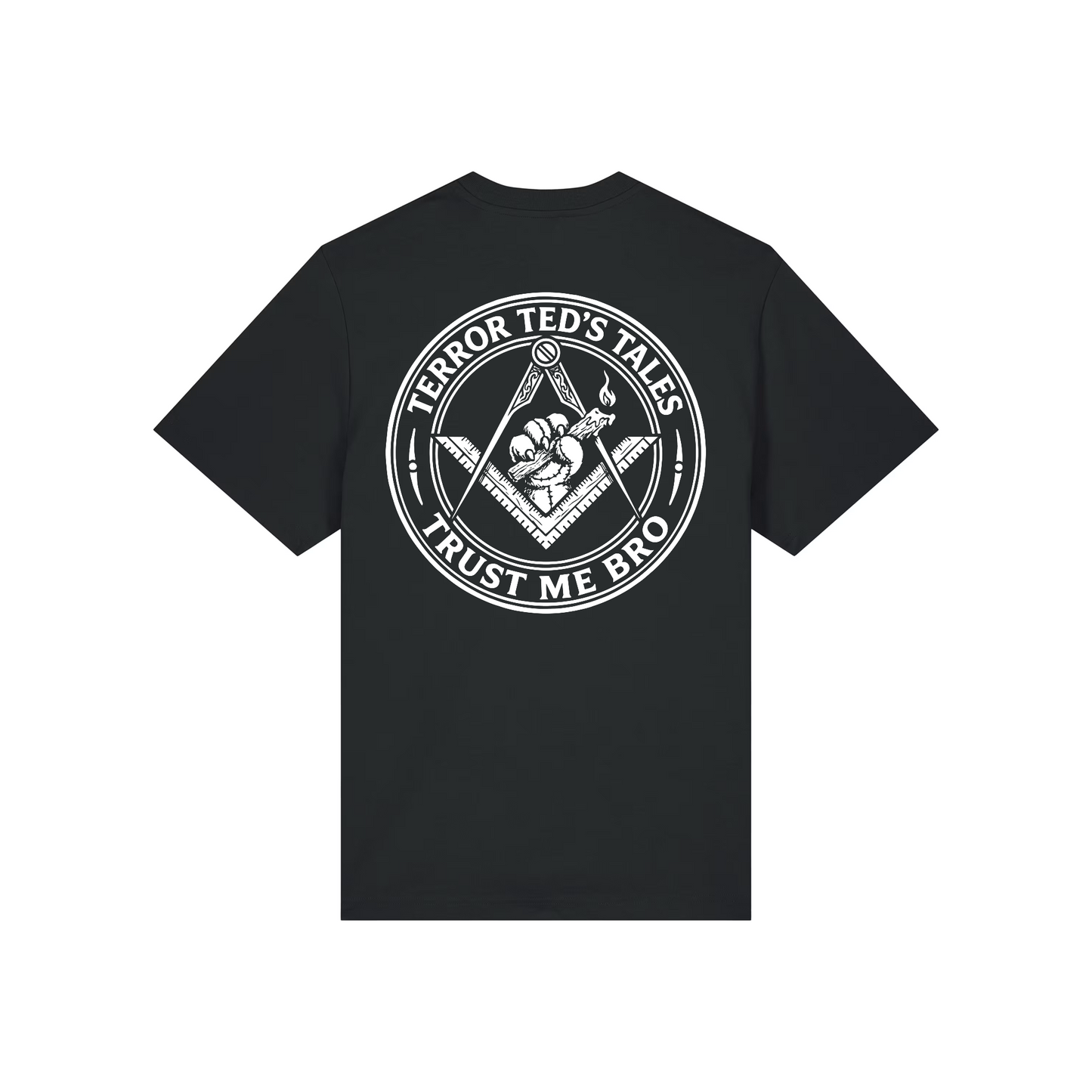 Black t-shirt with white graphic and text on a white background