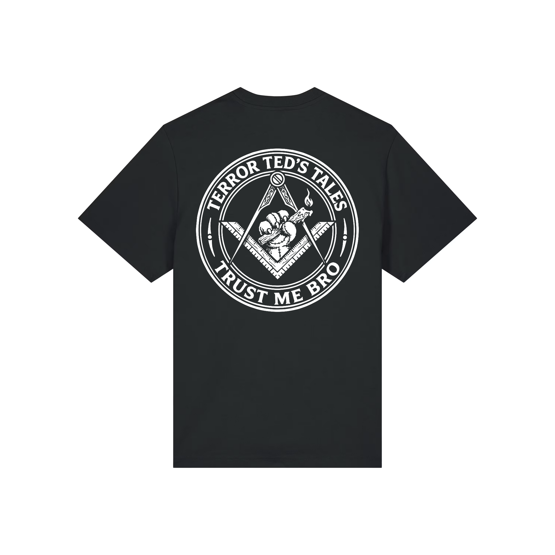 Black t-shirt with white graphic and text on a white background