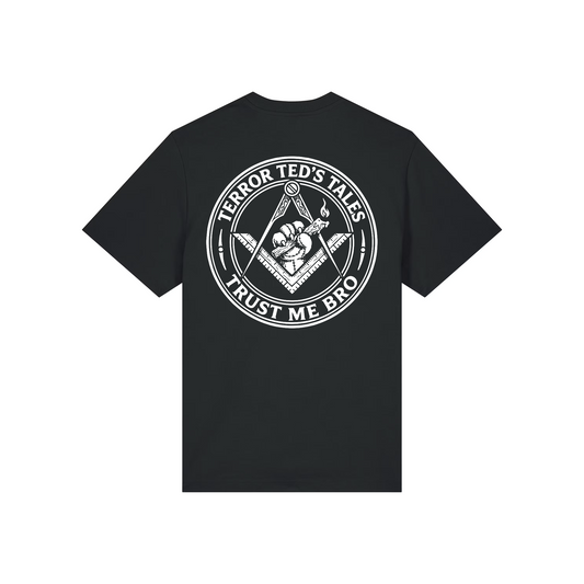 Black t-shirt with white graphic and text on a white background